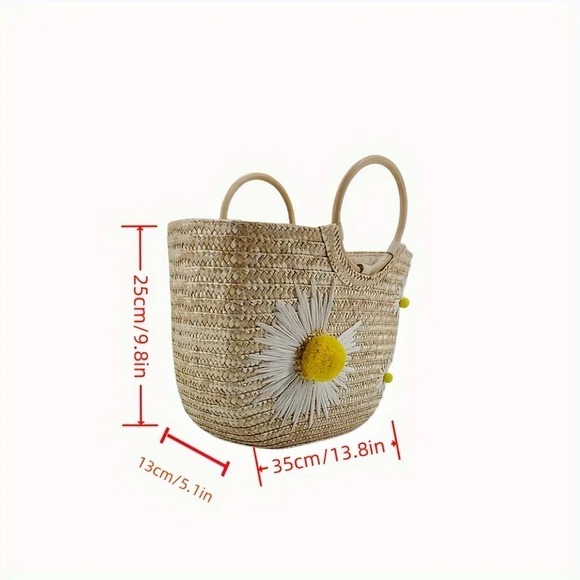 Handmade Woven Straw Bag With Daisy Embroidery Pastoral Style Casual Tote * NEW - Picture 5 of 5